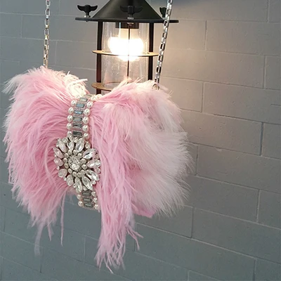 Женская Роскошная сумочка с кисточками и жемчугом, элегантная сумка на плечо из натурального меха страуса, модная сумка на цепочке, вечерняя сумочка с бриллиантами, вечерние сумки для свадьбы - Цвет: Pink
