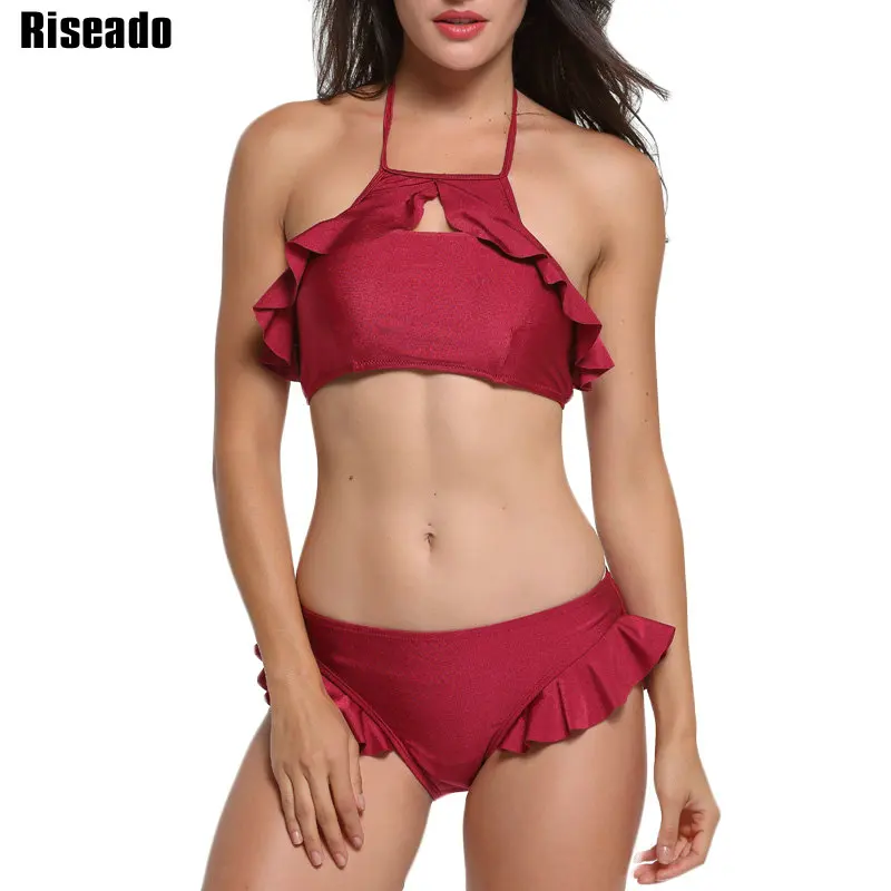 

Riseado New 2019 Keyhole Bikini Set Sexy Swimwear Women Halter Ruffle Swimsuits Solid biquini Bathing Suits Beachwear