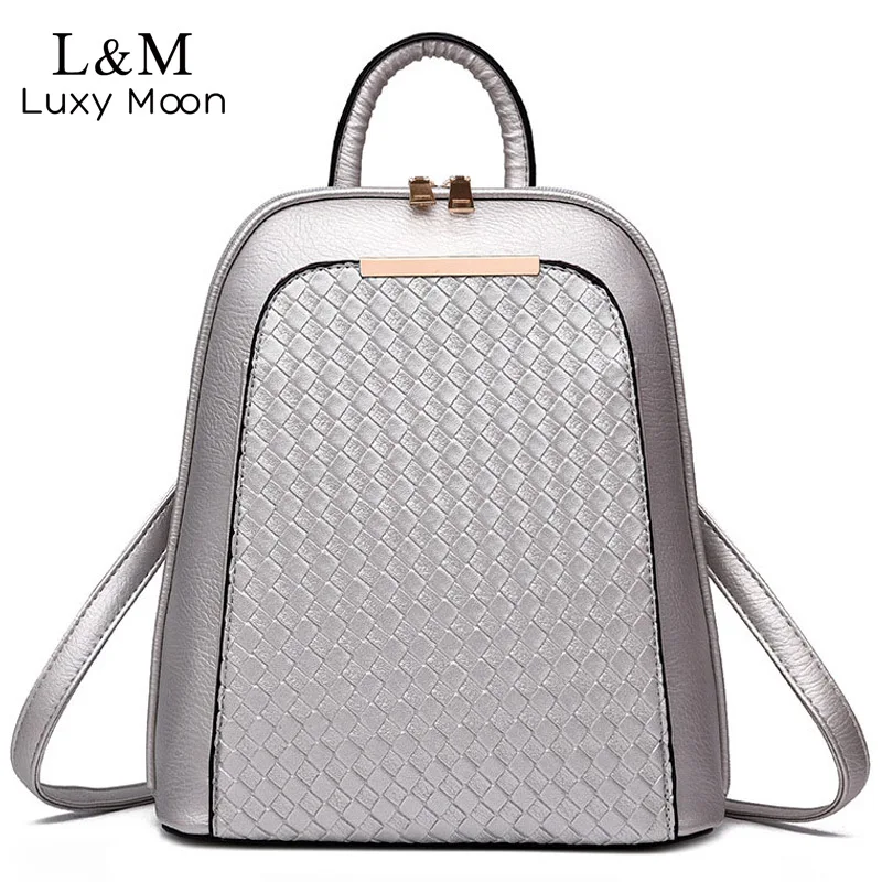 Women Leather Backpack Black Knitting Backpacks For Teenage Girls Silver High Quality PU Bag Fashionl Rucksack