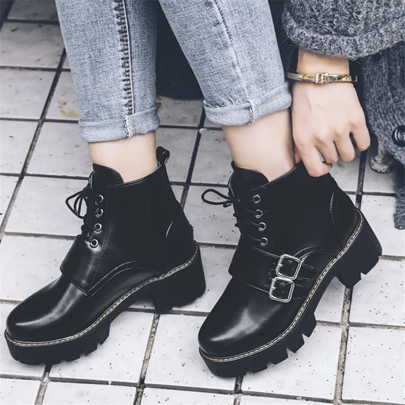 

PXELENA Punk Rock Gothic Motorycle Ankle Boots Women Buckle Chunky Block High Heels Martin Boots Female Shoes Black Green 34-43
