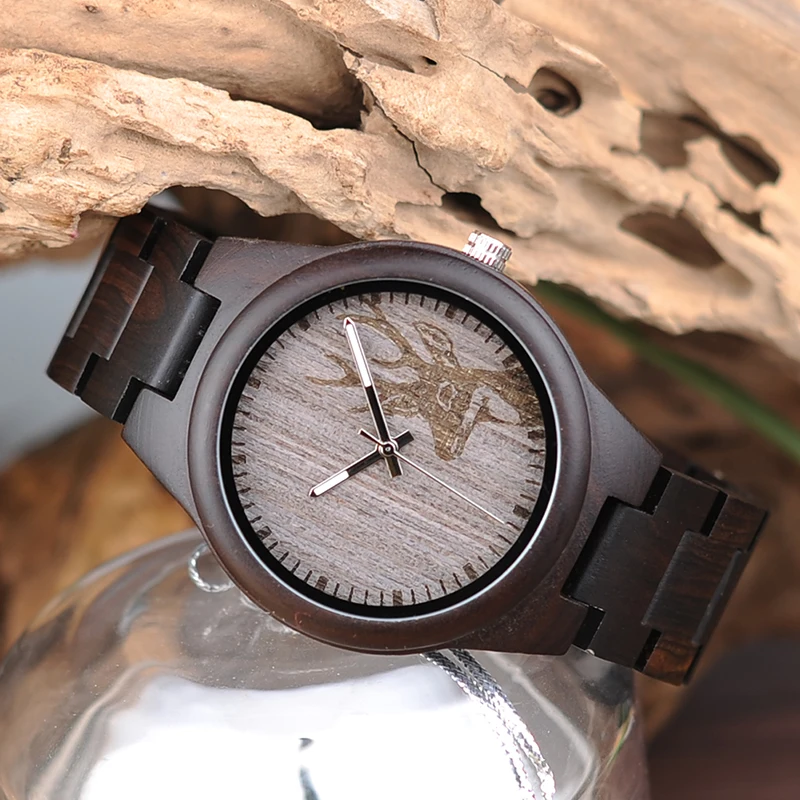BOBO BIRD Mens Black Ebony Wooden Watch Deer Head Dial Top Brand Luxury Quartz Wrist Watch for Men in Gift Box