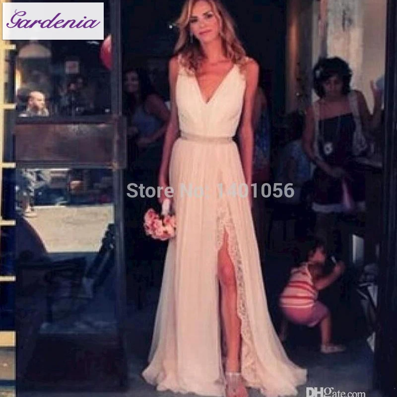 Online Shop Simple Slit Side Wedding Dress A Line Spring Bohemian