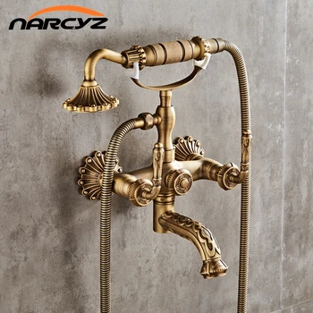 

Luxury Antique Brass Bathroom Faucet Mixer Tap Wall Mounted Hand Held Shower Head Kit Shower Faucet Sets XT334