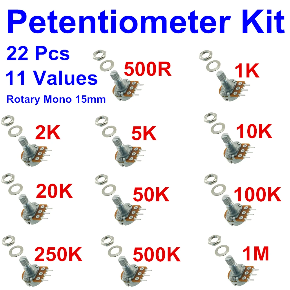 

PHISCALE 22Pcs Single Rotary Potentiometer (mono) Kit 11 Values 500R ~1M 15mm Side Adjustment Linear Variable Resistor Pack