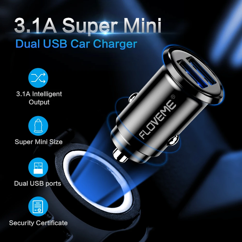 Автомобильное зарядное устройство FLOVEME мини USB 3 1 А универсальное с двумя портами