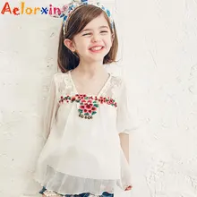 Детские рубашки для девочек, летние блузки с вышивкой для детей, одежда брендовые топы для малышей возрастом 4, 6, 8, 9, 10, 12 лет, школьные блузки для девочек