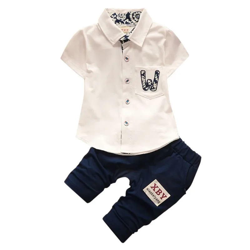 Летняя Однотонная рубашка с принтом для маленьких мальчиков комплект из топа и штанов, летняя одежда для новорожденных, комплекты одежды
