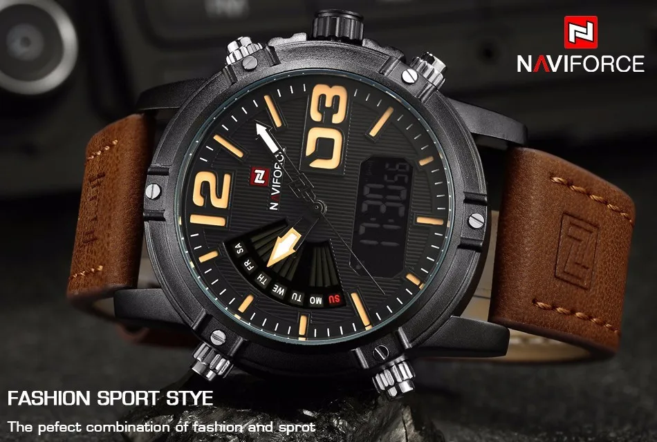 New NAVIFORCE Men Watch Dual Time Zone Alarm LCD Sport Watch Mens Quartz Wristwatch Waterproof Dive Sports Digital Watches