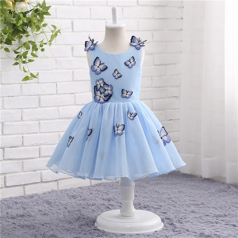 

In Stock Sky Blu Tulle Sleeveless O-Neck Ball Gown Bow Robe Appliques Fille Enfant Knee-Length Flower Girls Dresses 13801