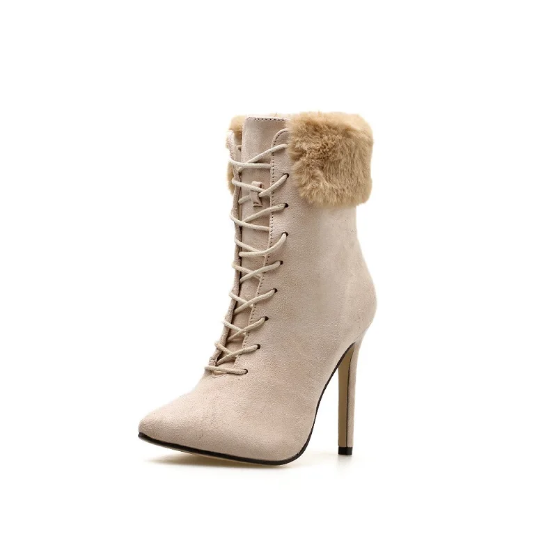 

2018 autumn and winter European and American foreign trade new style with pointed hairy women's booties beige 0105