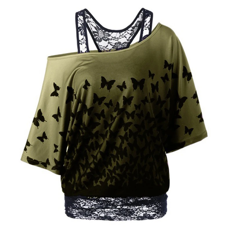 Женская летняя футболка модная бабочка Принт пэчворк Сексуальная кружевная с коротким рукавом футболка размера плюс 5XL футболка LJ9294R - Цвет: Зеленый