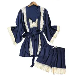 Один размер женский топ на бретелях и шорты и халат пижамный комплект Лето сексуальное кимоно халат платье 3 шт. пижамы атласные пижамы