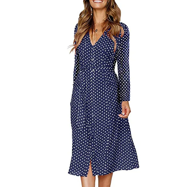 LOSSKY Polka Dot Autumn Long Sleeve Midi Dress With Belt V Neck Split