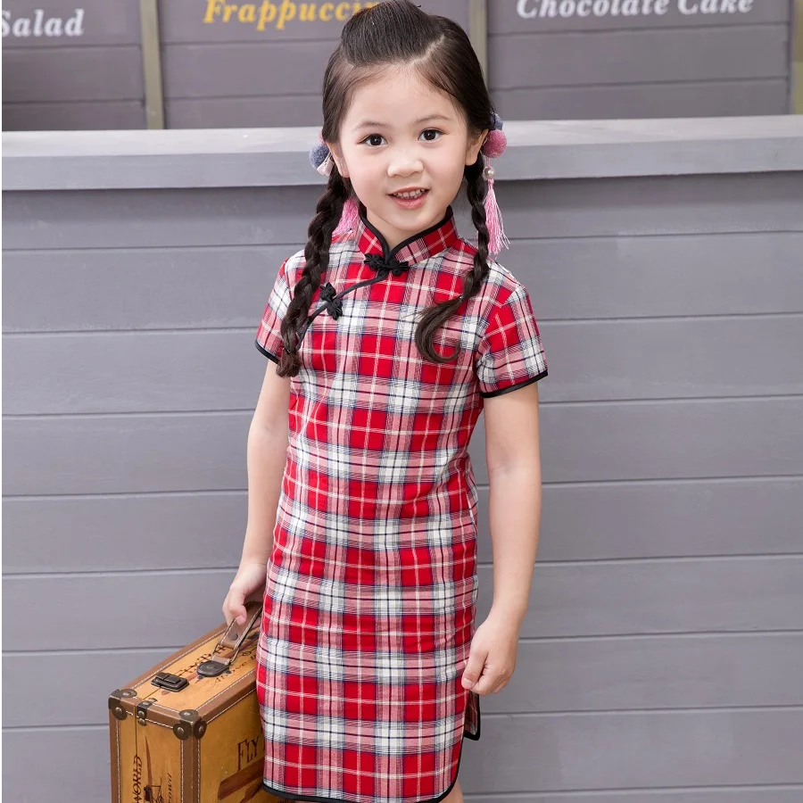 

New arrival 2019 girls Chinese style cheongsam kids girls summer short sleeve Plaid dress / Qipao clothes 2-12 years