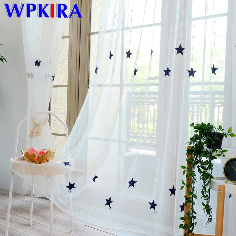

Modern Embroidered Dark Blue Stars Tulle Curtain For Children Boys Room White Sheer Curtain For Living Room Custom Made WP309D3