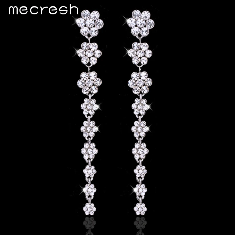 Mecresh 2016 Clear Crystal Bridal Accessories Simple Flower Drop Long Earrings Wedding Jewelry for Women EH584