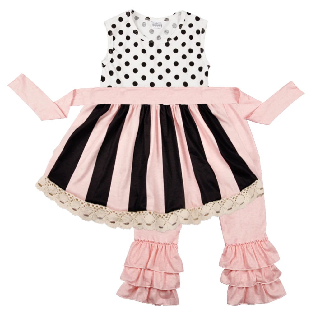 

Latest Style Baby Girls Pink Clothing Sets Dot Sleeveless Dress With Belt Ruffles Pants Boutique Kids Spring Summer Sets S086