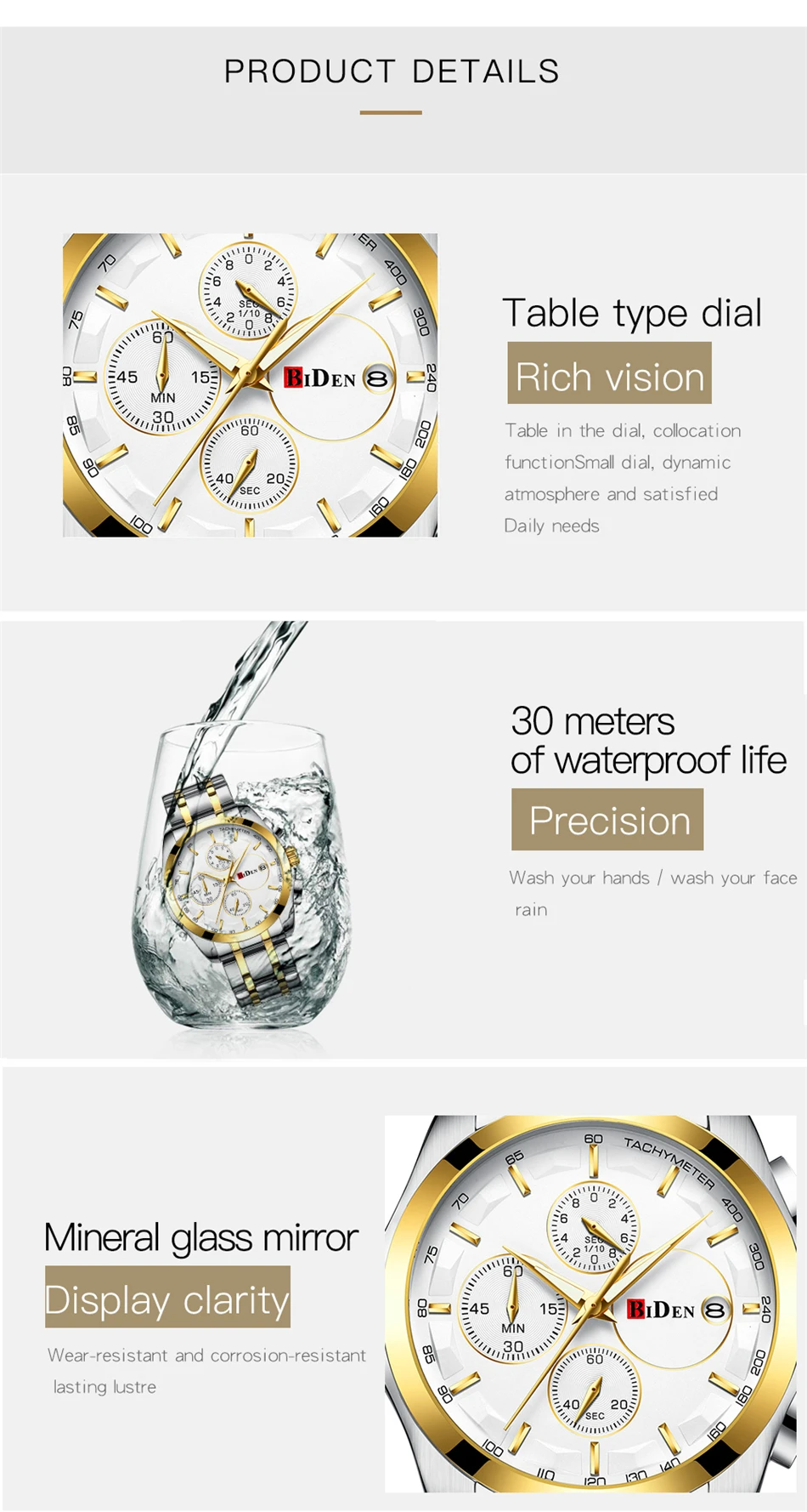 Байден модный бренд Для мужчин Бизнес кварцевые наручные часы Нержавеющая сталь группа Водонепроницаемый золотые часы relogio masculino