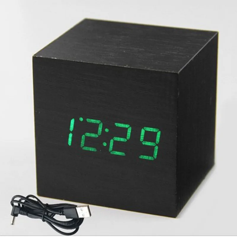 

Cube Digital Wooden Clock LED Desk Table Alarm Clock Sound Control Temperature Electronic Display Snooze Function Desk Tools