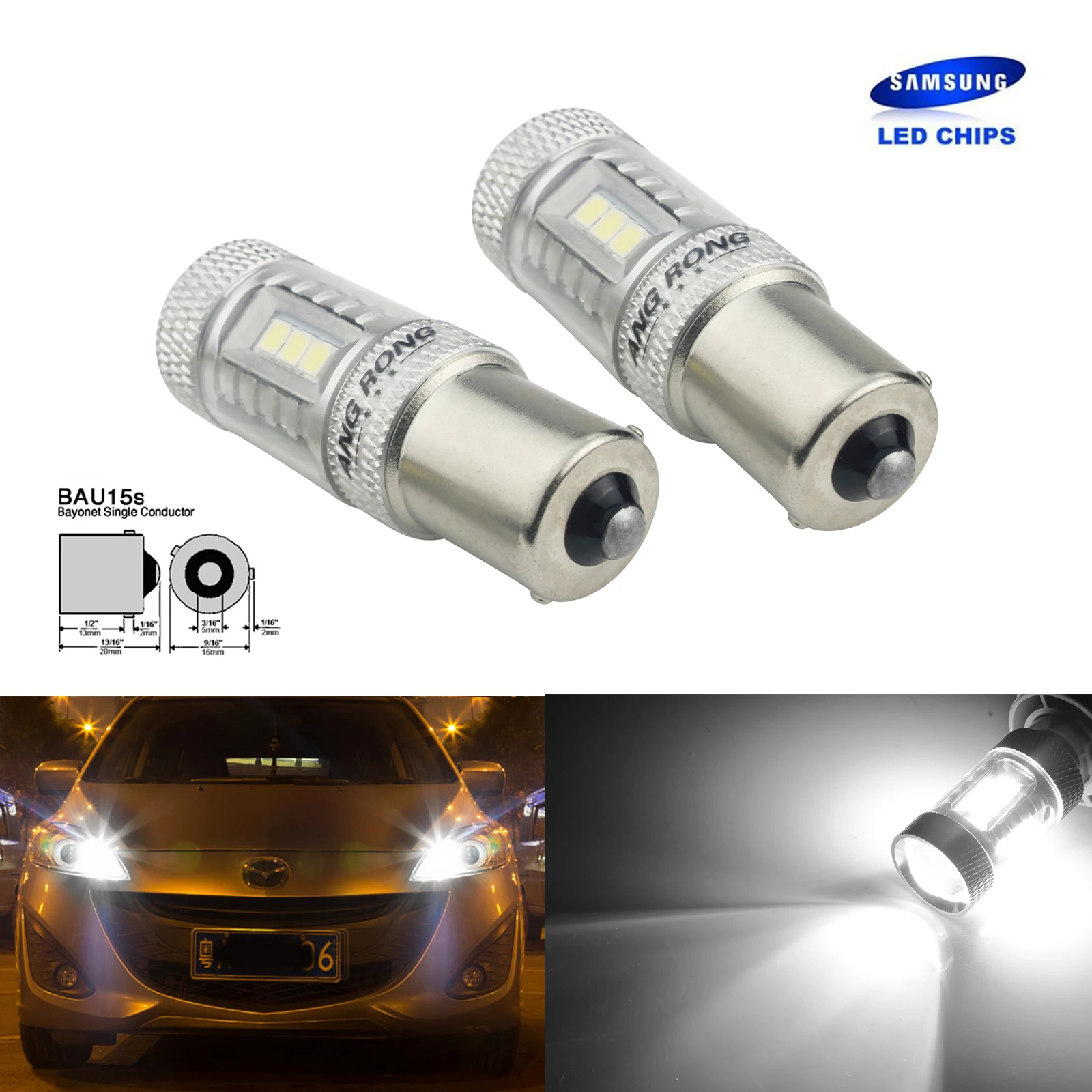 ANGRONG 2x BAU15S PY21W 581 White SAMSUNG 15W LED Signal Indicator Rear