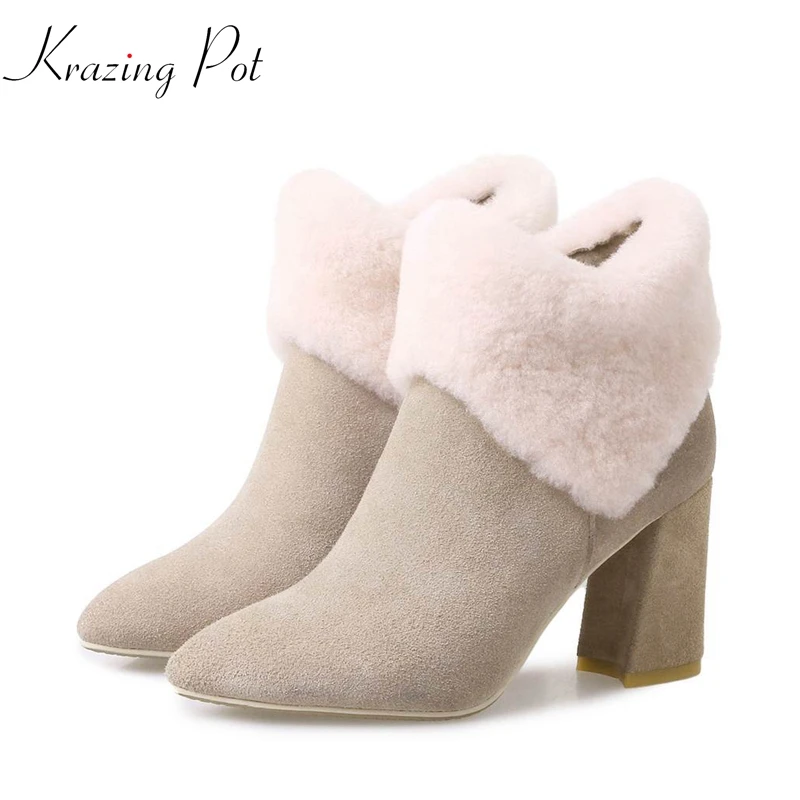 

Krazing Pot 2019 winter sheep fur wool rabbit hair streetwear pointed toe dowager high heels metal zip fashion ankle boots L20