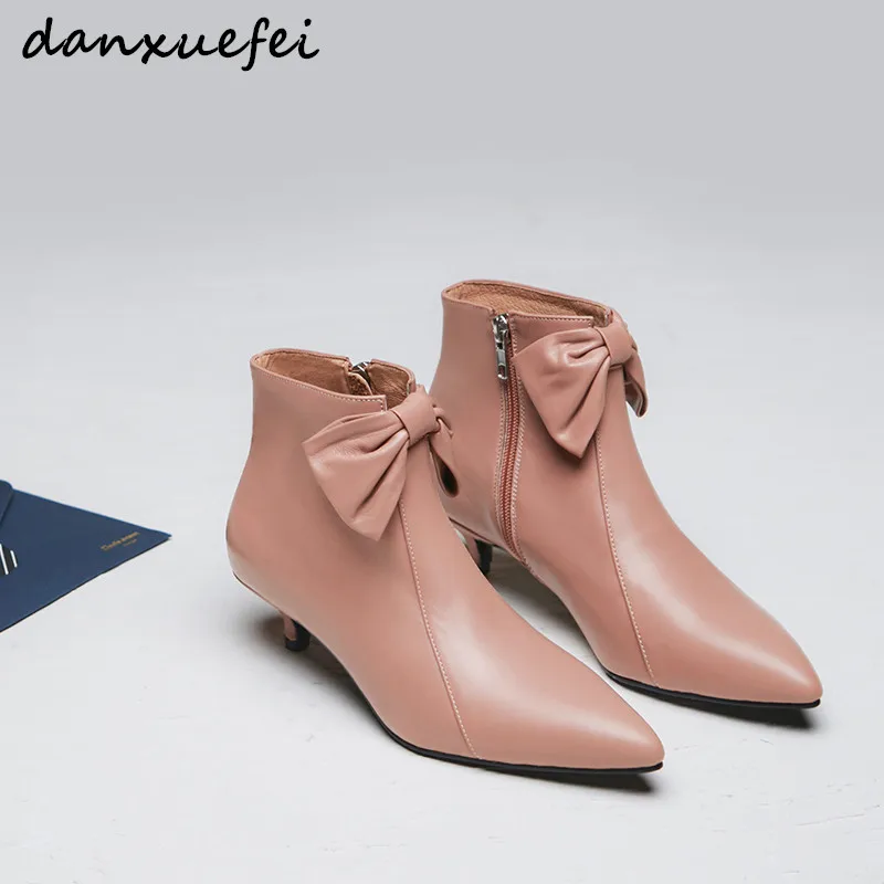 

Women's genuine leather big bowtie autumn ankle boots kitten heel pinted toe short booties korean style fashion ladies shoes hot