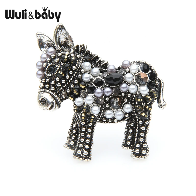 

Wuli&baby Black Donkey Brooches Women Cute Cartoon White Bead Horse Animal Brooch Pins Gifts