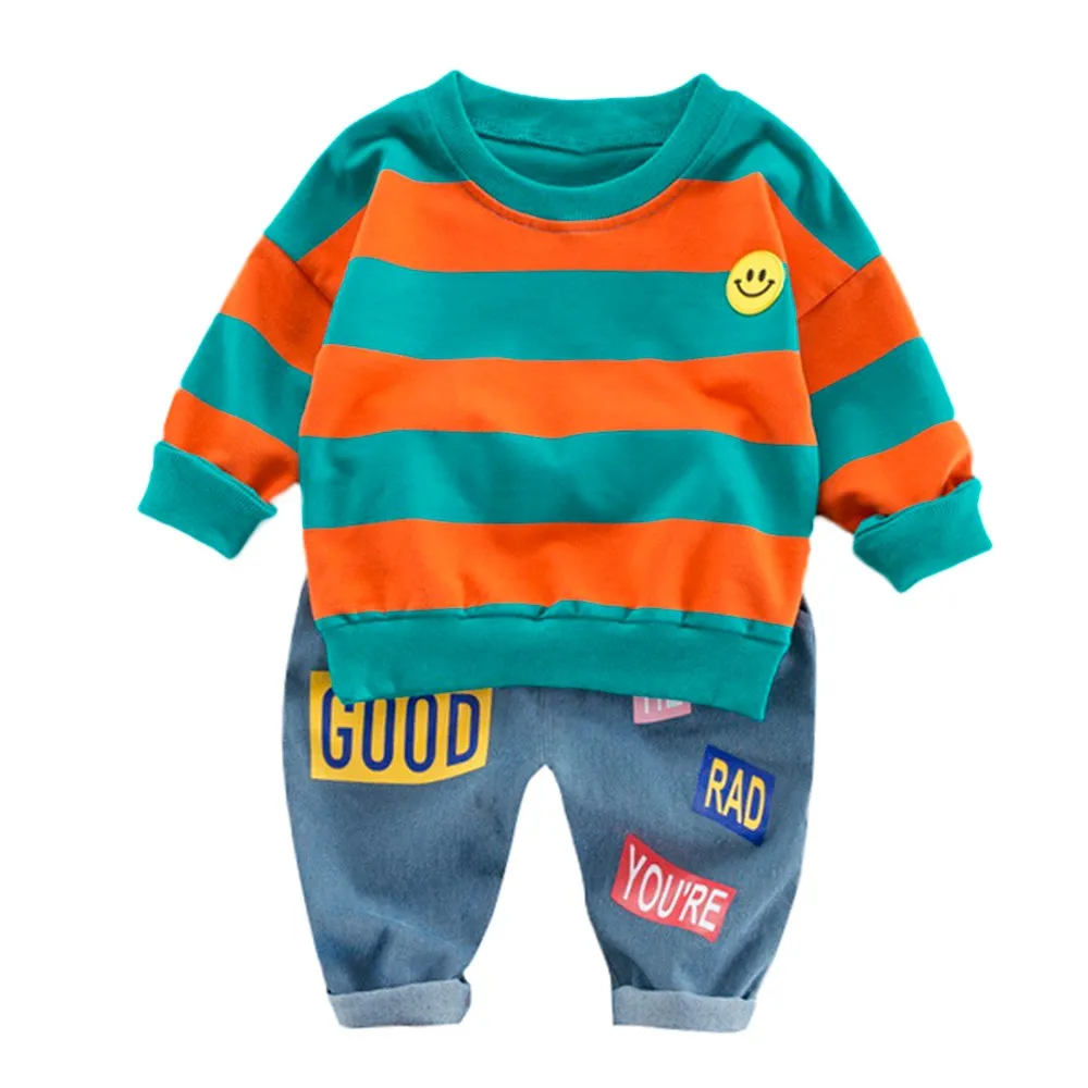 Комплект детской одежды для маленьких мальчиков, пуловер со смайлом в полоску, топы+ штаны с буквенным принтом, 2 предмета, зимний свитер, комплект одежды, 90 - Цвет: B