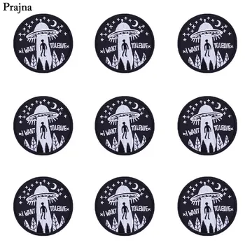 

Prajna Alien Embroidery Sticker UFO Iron On Patches I Want To Leave 10PCS Cheap Set Patch Black Round Badge For cloth Accessory