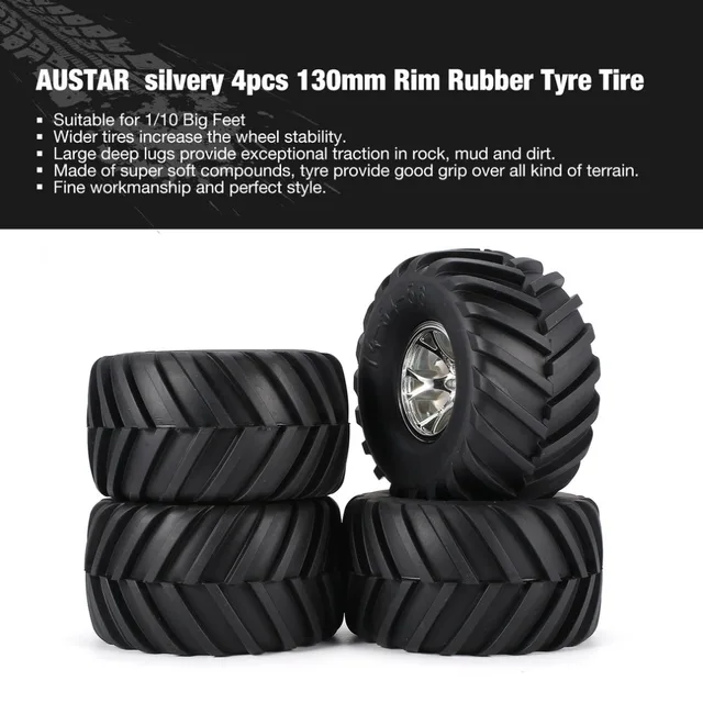 Best Price AUSTAR 4pcs AX-3003 130mm Rim Rubber Tyre Tire Wheel Plastic Hub for 1/10 RC Big Feet Model HSP HPI Beadlock Spare Parts fz