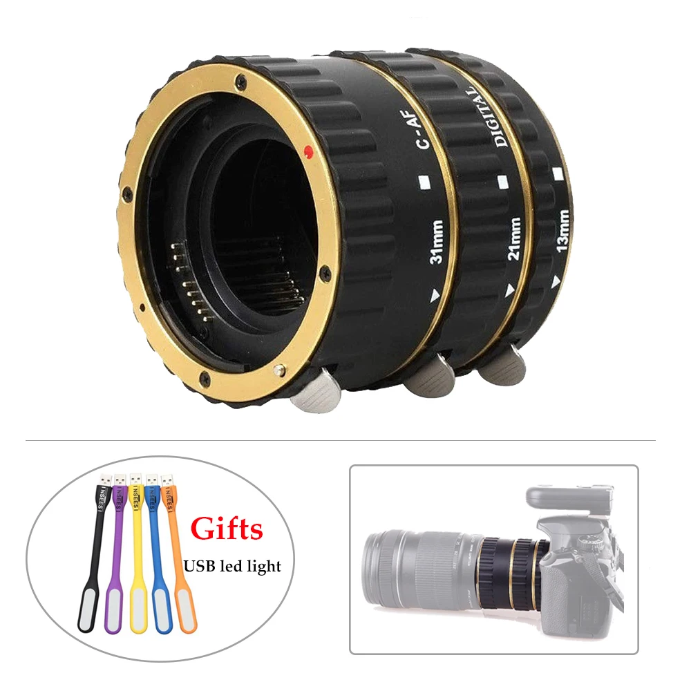 

Pixel Gold or Blue Auto Focus AF Mount Macro Extension Tube Ring Lens Adapter for Canon DSLR with Mini Flexible USB LED Light