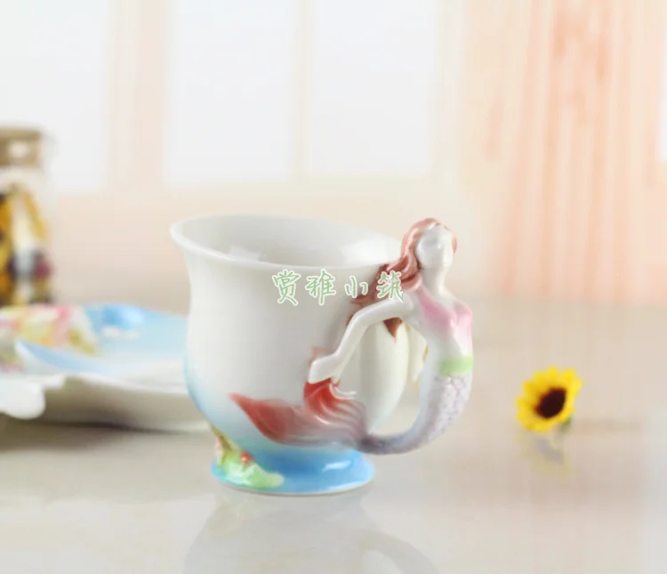Новое поступление, кофейная чашка с русалочкой, цветной эмалированный фарфор, костяной фарфор, чайные чашки с блюдцем и ложкой, креативный подарок, Caneca Copo