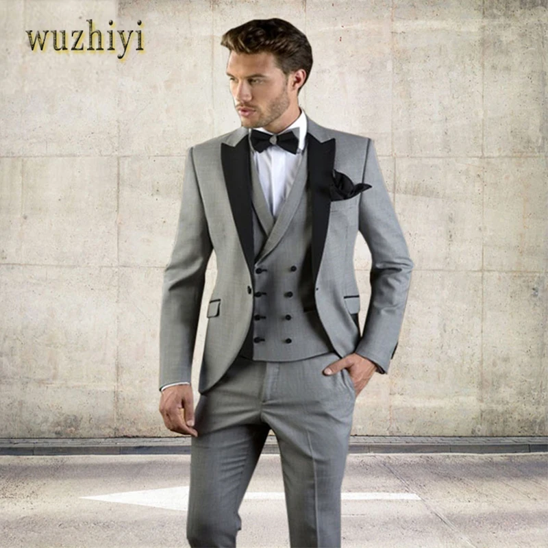 

wuzhiyi Gray Men Suit Slim Fit Jacket With Black Tuxedo Custom Made Groom Wedding Jacket Suits 2018 (Jacket + Pants + Vest)suits