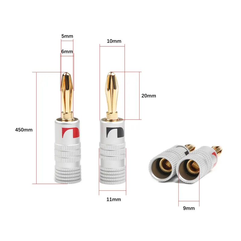 4 шт./компл. контрольные выводы вилки типа «банан разъем черного и красного цветов с покрытыем цвета чистого 24 каратного золота Медь 4 мм разъем типа "банан" Мужской Динамик штепсельной вилки