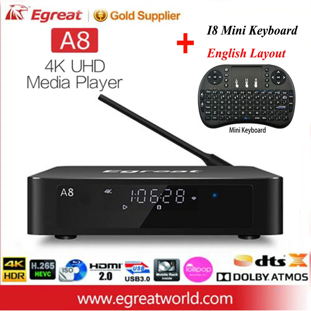 Egreat A8 Pro UHD медиаплеер 2 ГБ 8 ГБ 3D 4 к Bluetooth Android Smart tv Box Поддержка HDD SATA USB3.0 Dolby Ture-HD DTS-HD DTS: X - Цвет: A8 N I8 English KB