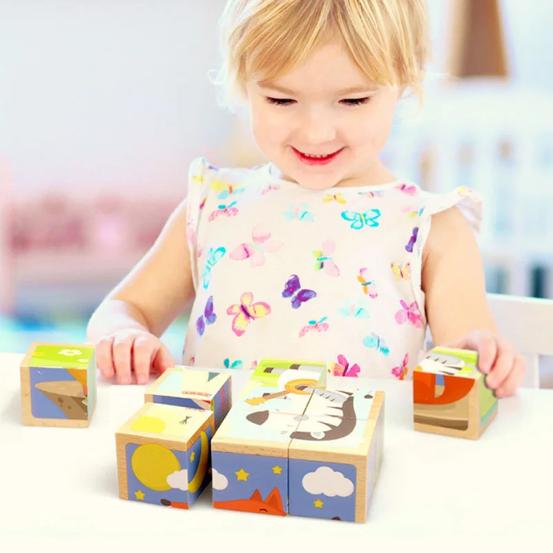 Animal Six Sided Puzzle Building Blocks Wooden Toys For Children Baby 1-2-3-6 Years Old Early Educational Toy