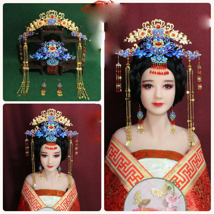 A345 Traditional Chinese Wedding Bride Hair Tiara Blue Cloisonne Hanfu Tassel Hair Accessories Empress Phoenix Tiara Hair Sticks