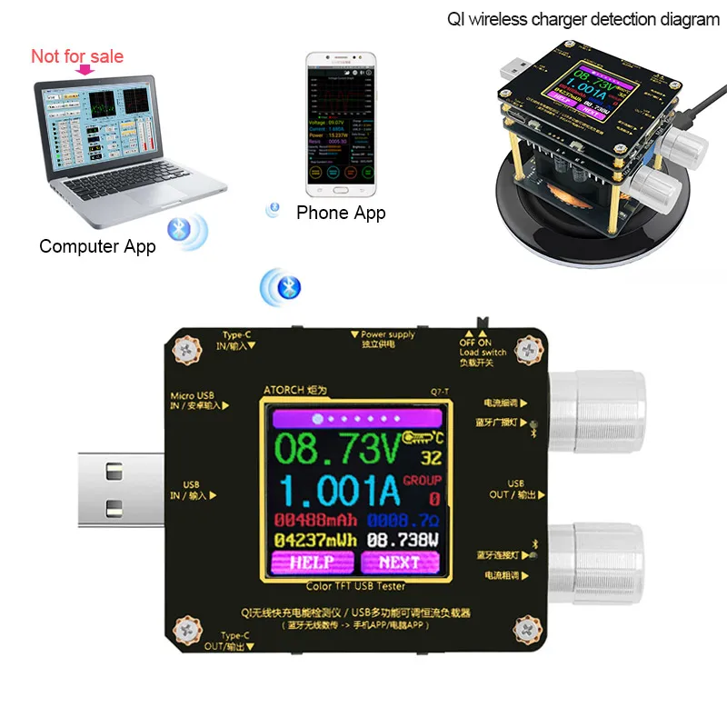 QI беспроводной детектор быстрой зарядки Bluetooth android PC app USB цветной Тестер измеритель напряжения тока индикатор Вольтметр постоянного тока
