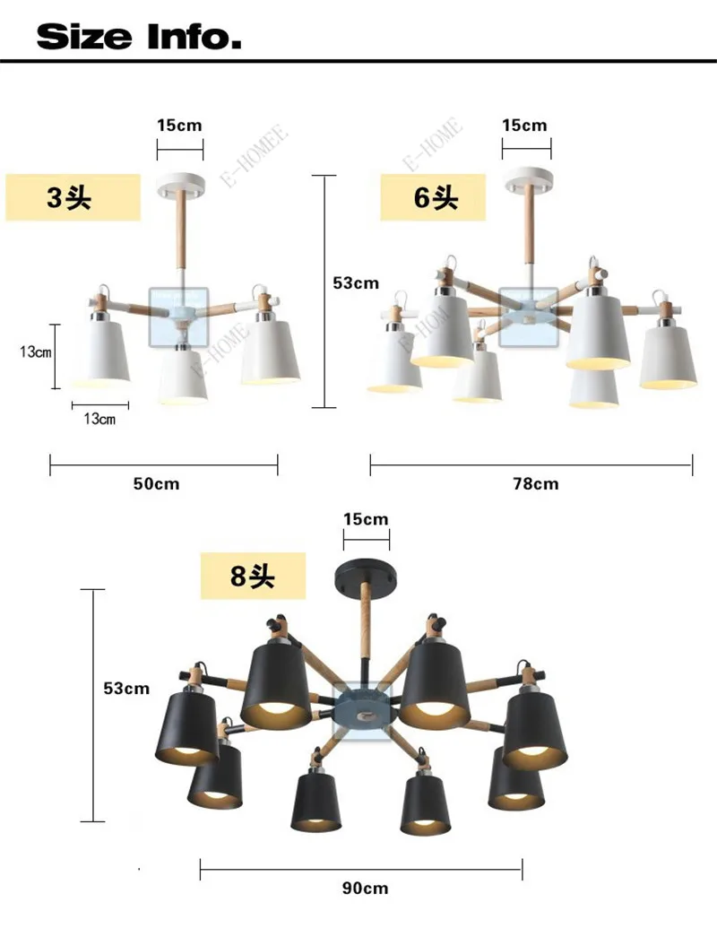 Творческий простой 3/6/8 твердой древесины светодиодный лампы, люстры для гостиной белый черный люстры, освещение