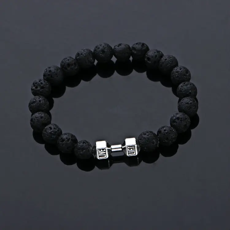 

2017 Unisex Black Lava Stone Bracelet Live Lift Dumbbell Bracelet Lava beads Fitness Bracelet Free shipping