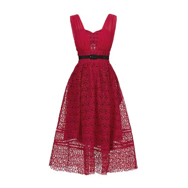 Летнее новое поступление женское платье миди без рукавов элегантное красное кружевное платье