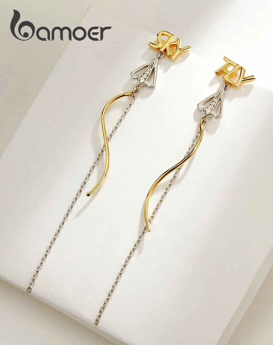 

BAMOER High Quality 925 Sterling Silver Fly to Sky Long Chain Drop Earrings for Women Sterling Silver Jewelry GAE026