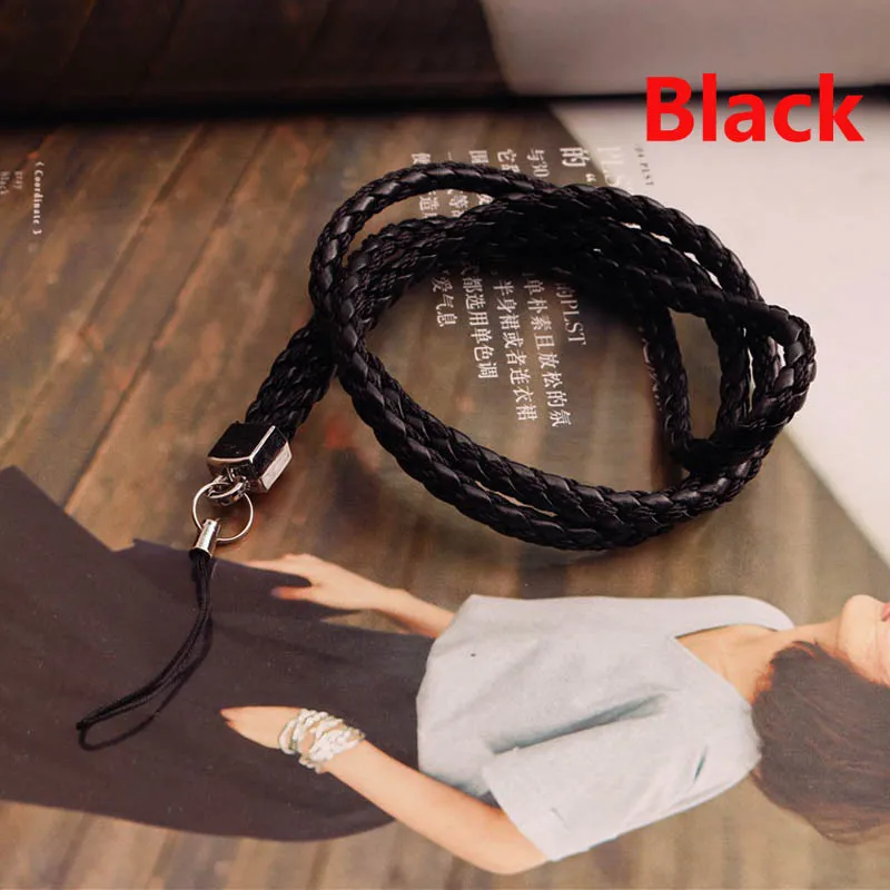 Длинный тканый кожаный шнурок для камеры, висящий на шее ремешок для мобильного телефона, шнур яркого цвета, сертифицированный шнурок - Цвет: Black
