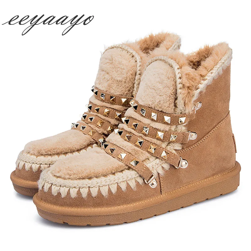 

2019 New Genuine Leather Winter Women Ankle Boots Flats Heel Real Fur Wool Lining Women Cow Suede Shoes Camel Short Snow Boots