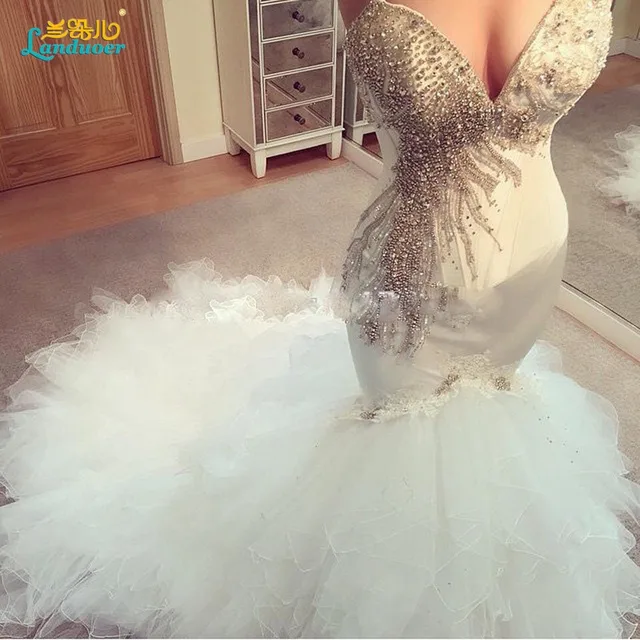 Stunning Heavy Beaded Mermaid Wedding Dress 2017 Ruffles Fish Tail Stunning Heavy Beaded Mermaid Wedding Dress 2017 Ruffles Fish Tail White Sweetheart Bridal Gown Vestidos De