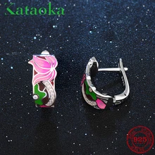 Аутентичные 925 пробы серебряные очаровательные розовые Лотос красочные эмалированные серьги-гвоздики DIY вечерние ювелирные изделия подарок Мода