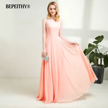

2020 Simple Elegant O neck Long Evening Dress Crystal Neckline Vestido De Festa Vintage Pink Chiffon Long Prom Dresses Hot Sale