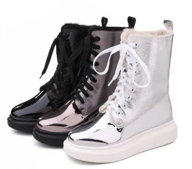 De Neige Croix Chaud as Cuir Hiver Doublure Botte Peluche Courte Fond Rond En Verni Pic Brillant Épais Plat As New attaché Femmes Pic 2018 Bout Bottes SW8nqAOEY