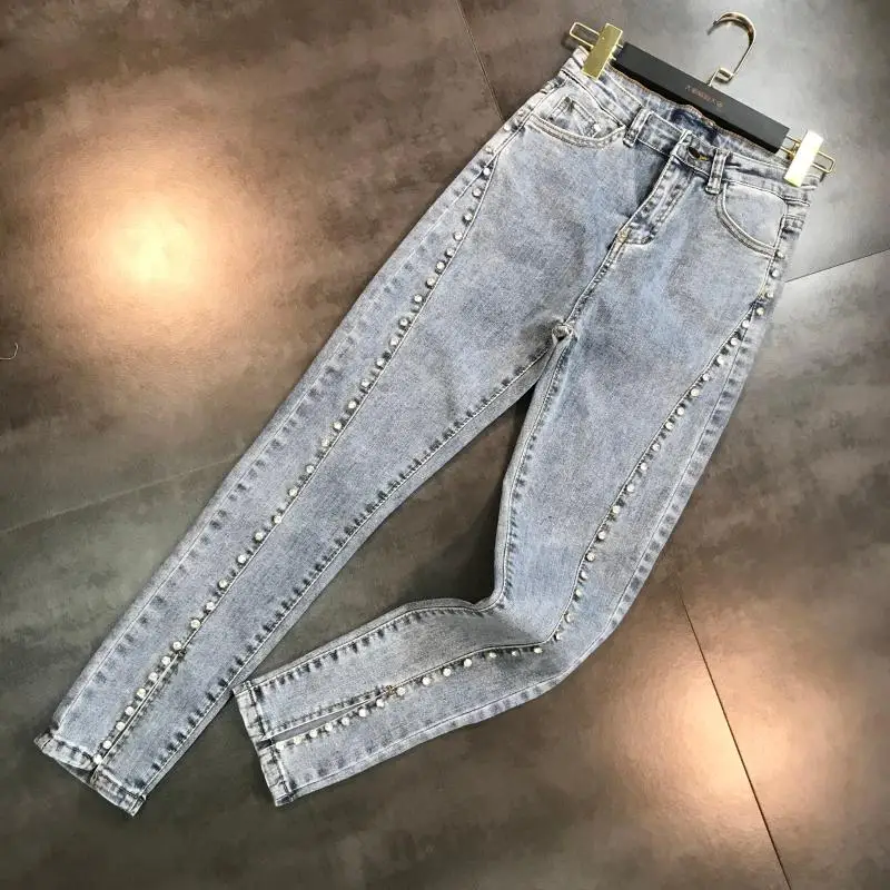 Summer New Rhinestone Beaded Shiny Heavy Stretch Slim Pencil Pants Wash Jeans - Color: Blue