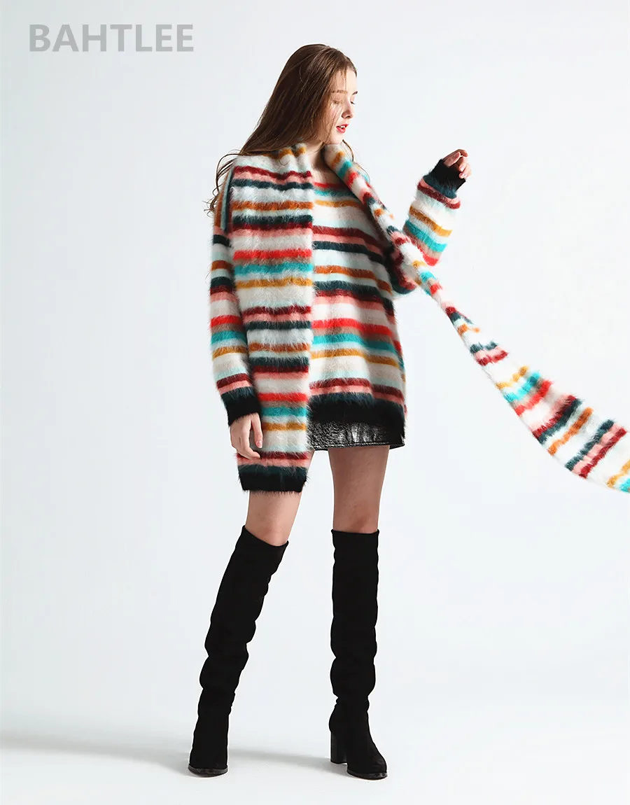 BAHTLEE осенне-зимний женский вязаный пуловер с рисунком кролика Ангоры и радуги, Повседневный свитер с длинными рукавами и круглым вырезом, сохраняющий тепло